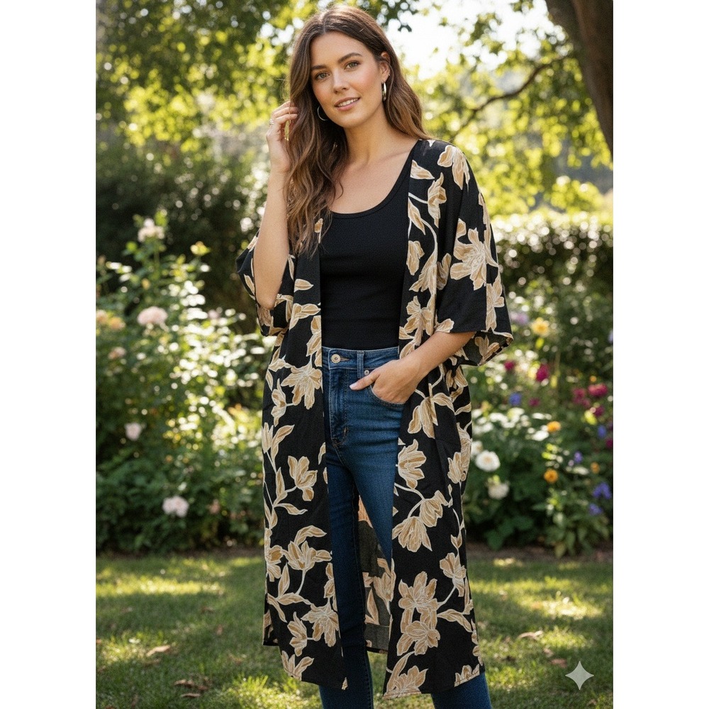 Maison Du Soir Floral Kimono Duster Robe‎ Black/Gold Lightweight S/M New